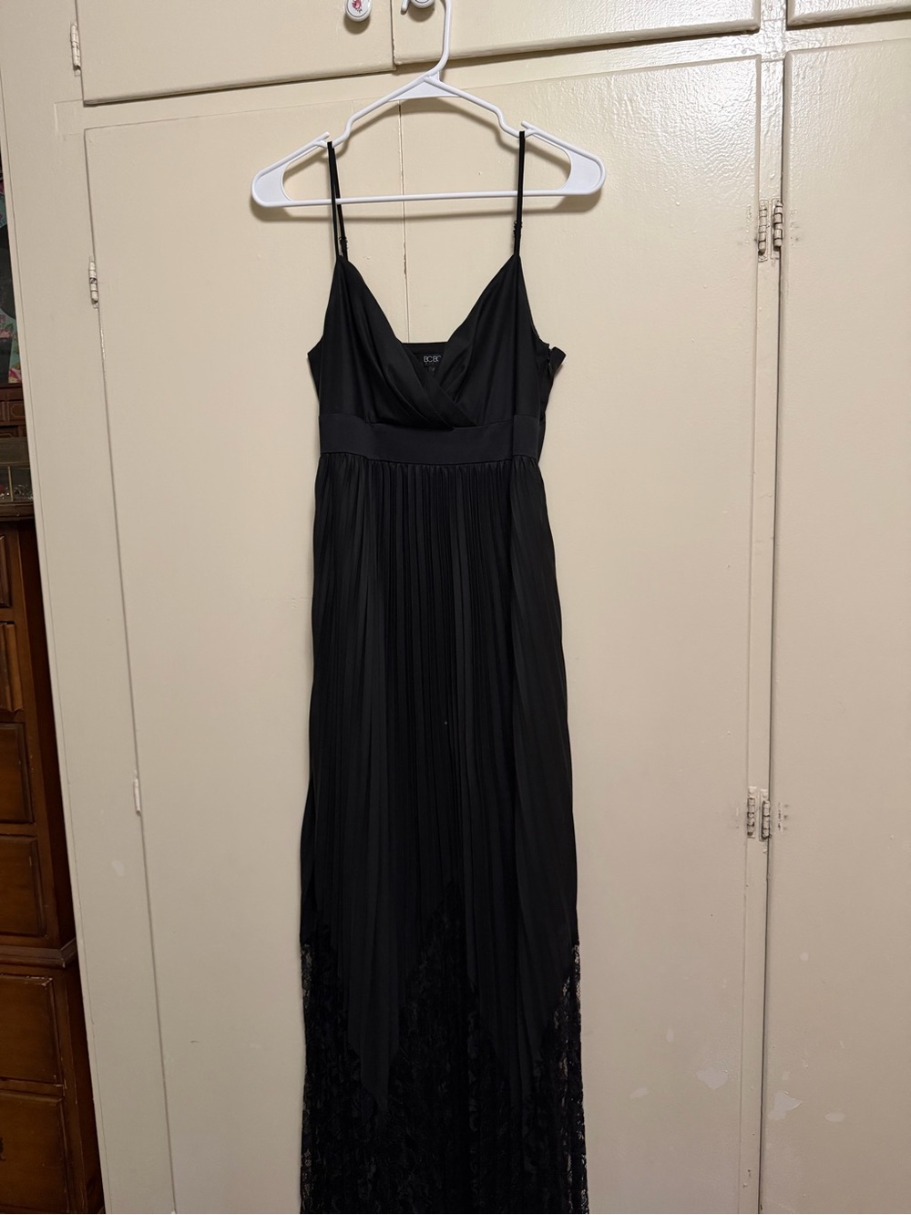 BCBG Paris Black Pleated Maxi Dress with Lace Hem
